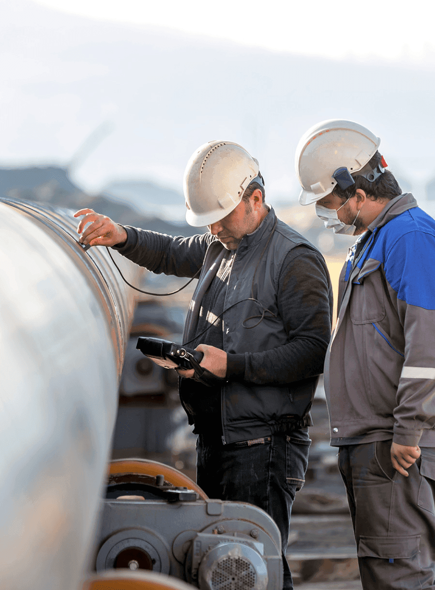 Technician are testing to welds of pipe with ultrasonic test method